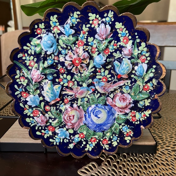 Vintage Persian Hand Painted Enamel on Copper Hanging Dish - Picture 5 of 14